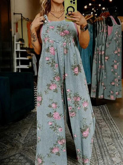 Women's Floral Print Trendy High Waist Wide Leg Denim Jumpsuit