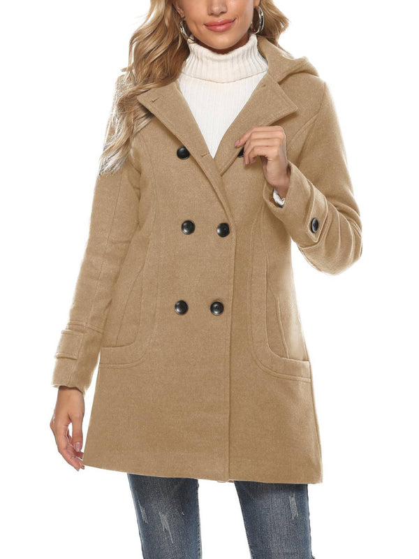Women's Hooded Wool Blend Coat Mid Long Peacoats