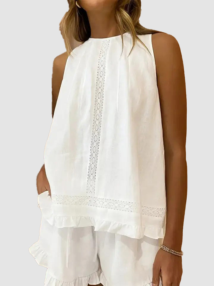 Sleeveless Lace Insert Ruffle Trim Tank Top & Matching Shorts 2 Piece Set