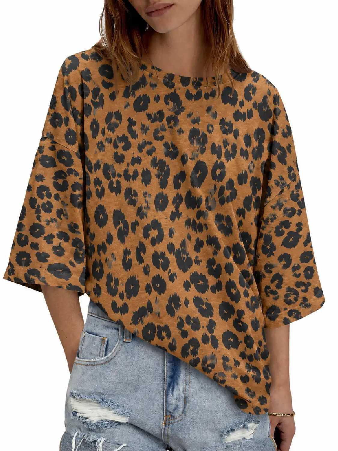 Womens 2026 New Oversized Half Sleeve Crew Neck Tunic Tops