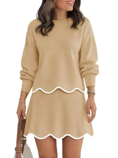 Women Puff Long Sleeve Crewneck Top Scalloped Mini Skirt 2 Piece Knit Set