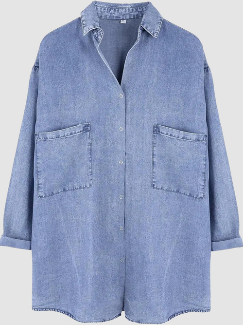 Womens Button Down Jean Shirts Denim Tencel 3/4 Sleeve Tops With Pockets