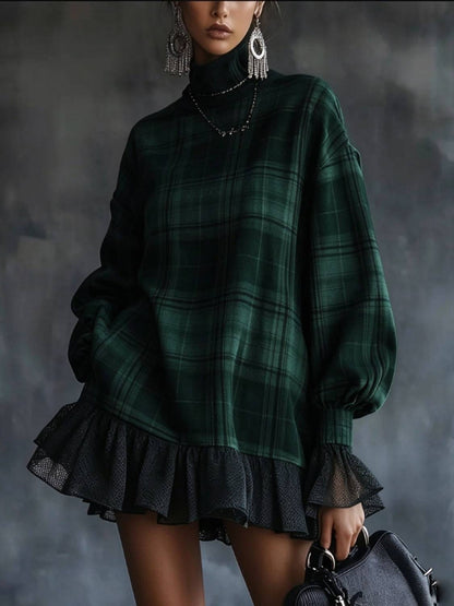 Hot Sale-Women's Vintage Mock Neck Plaid Casual Dress