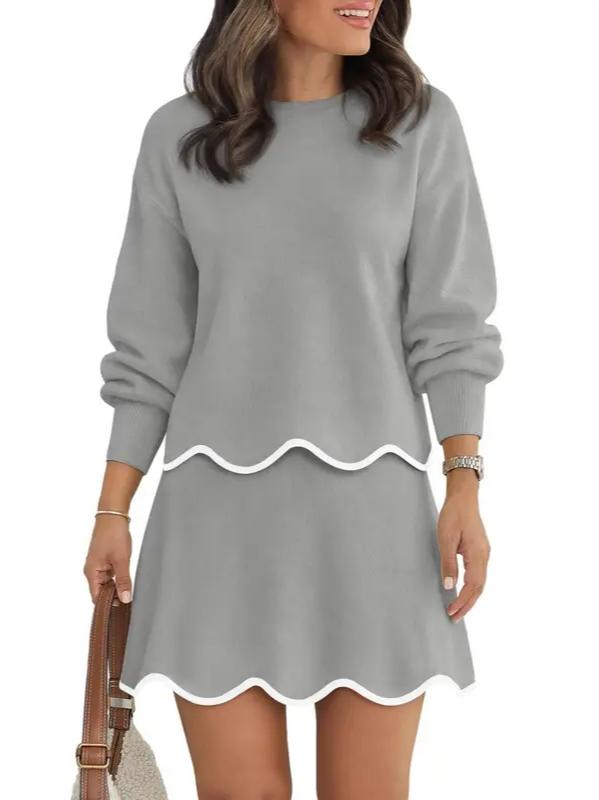 Women Puff Long Sleeve Crewneck Top Scalloped Mini Skirt 2 Piece Knit Set