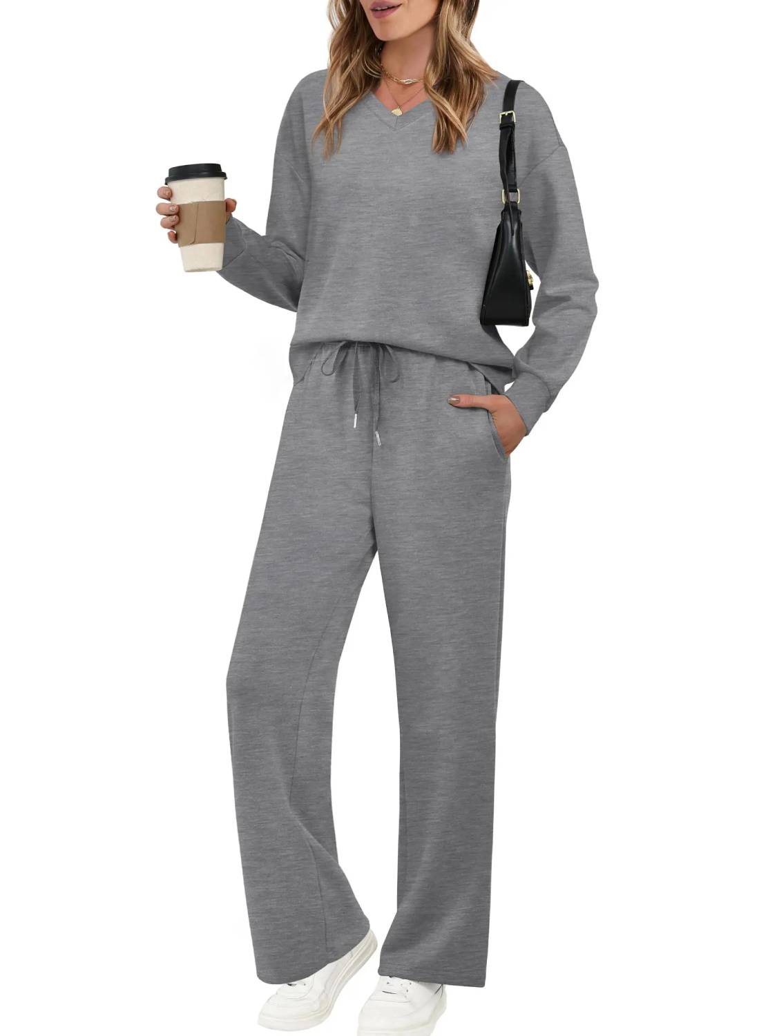 Women V Neck Airport Wide Leg Pants 2 Piece Sets
