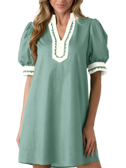 ⏰Hot Sale-Women's Floral Print V Neck Ricrac Trim Puff Sleeve Dress
