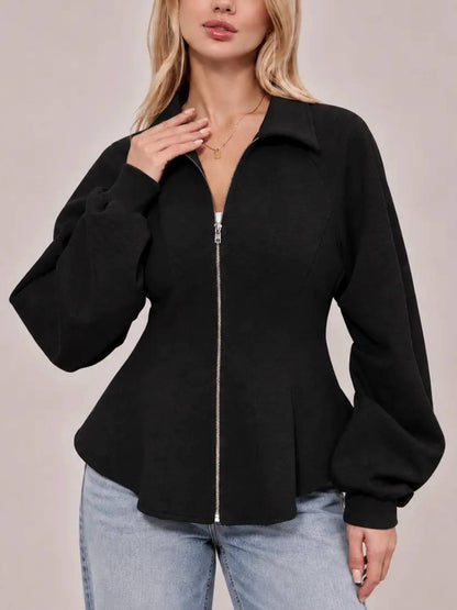 Women's Zip Up Ruched Sleeve Peplum Hem Jacket