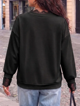 Women Deep V‑Neck Lace Patchwork Loose Long Sleeve Pullover Top