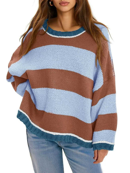 Womens Oversized Color Block Crewneck Knitted Sweaters Tops