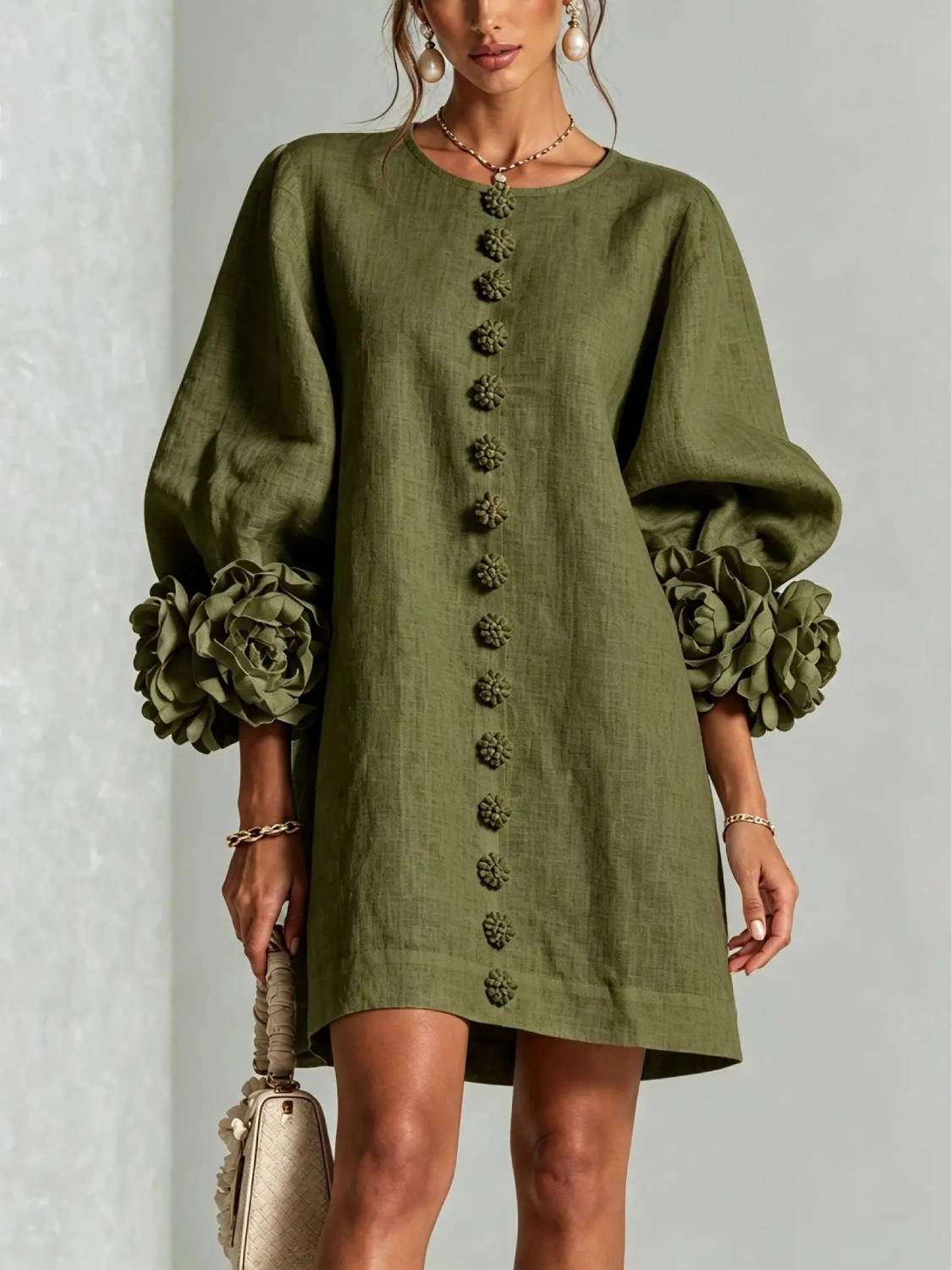 Women's Elegant Floral Cuff Puff Sleeve Linen Mini Dress