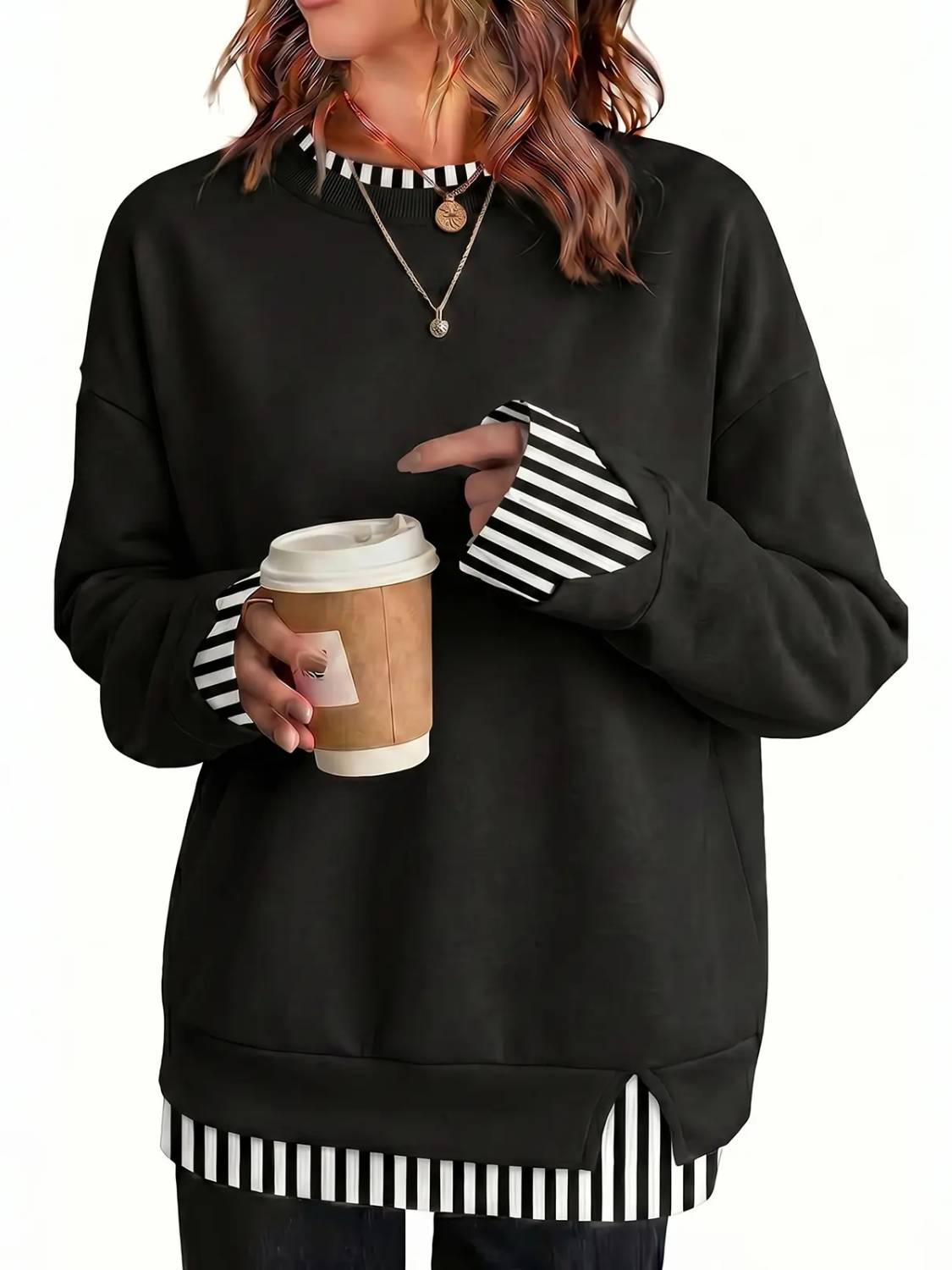 ⏰Hot Sale-Women's Crew Neck Fake Two Piece Layered Sweatshirt