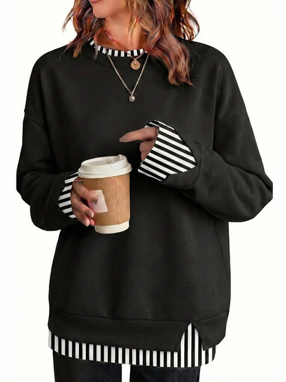 ⏰Hot Sale-Women's Crew Neck Fake Two Piece Layered Sweatshirt