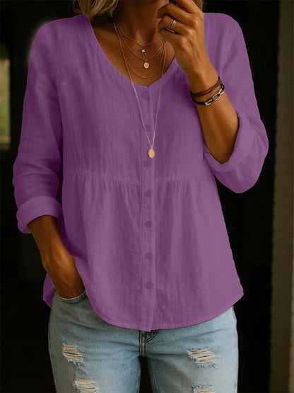 Women's Solid Round Neck 3/4 Sleeve Linen Cotton Shirt