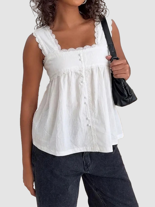 Square Neck Lace Trim Sleeveless Babydoll Tank Top