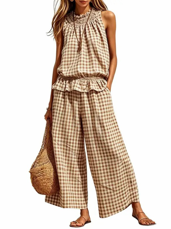 Women's 2 Piece Set Outfits Gingham Plaid Sleeveless Ruffle Top Wide Leg Pants