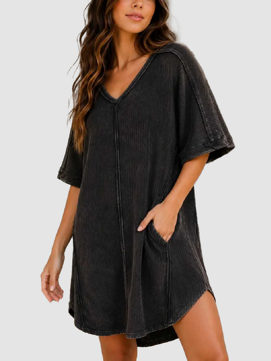 Washed Ribbed Fabric V-Neck Exposed Seam Loose Pocket Tunic T-Shirt Dress