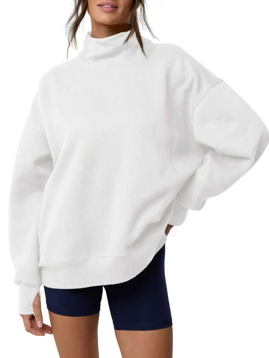 Women's Oversized Mock Neck Sweatshirt with Thumbholes