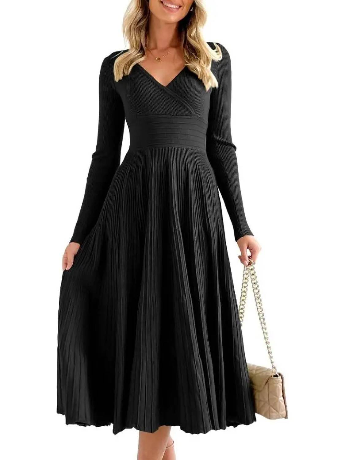 Womens Longsleeve Wrap V-Neck A-Line Sweater Dress