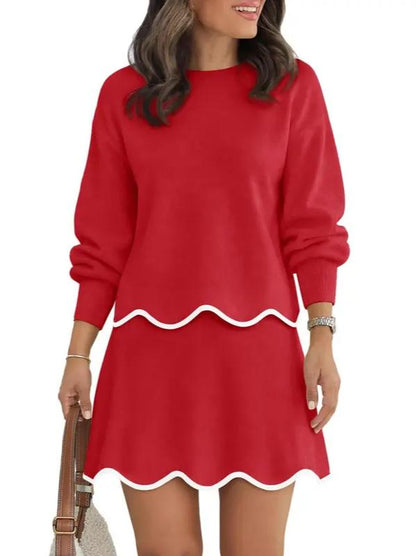 Women Puff Long Sleeve Crewneck Top Scalloped Mini Skirt 2 Piece Knit Set