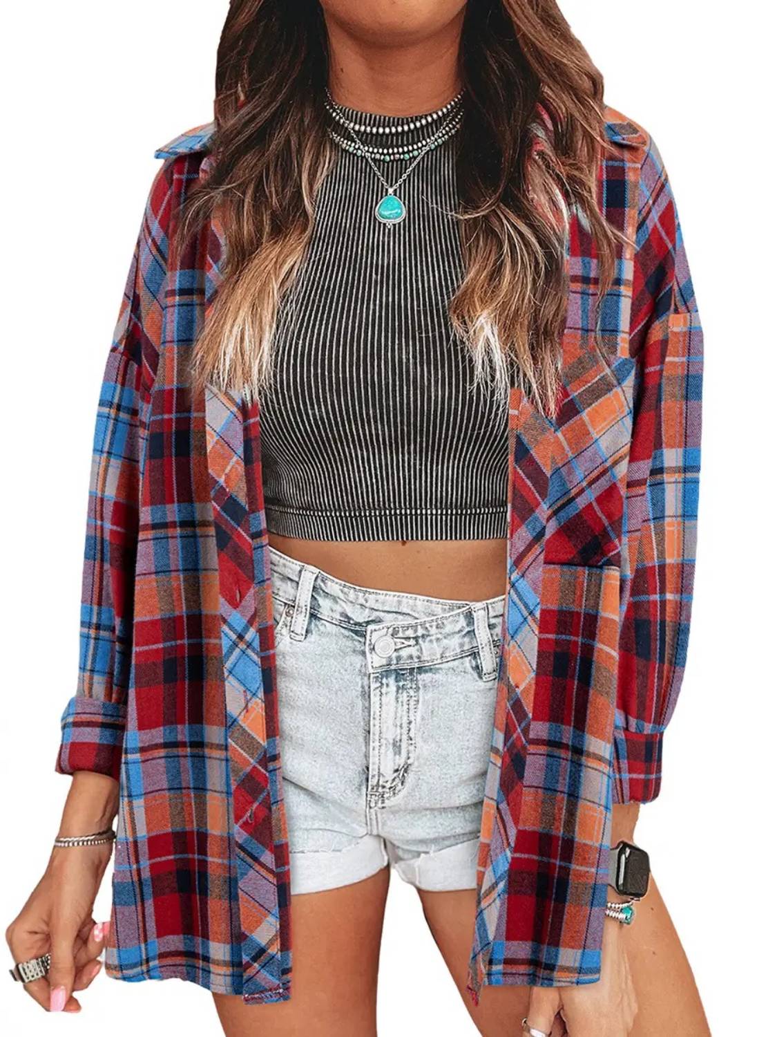 Women Casual Plaid Print Loose Vintage Button Up Cotton Long Sleeve Blouses Tops