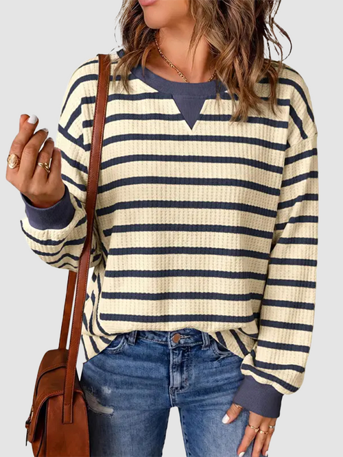 Women Oversized Striped Crewneck Long Sleeve Rib Cuff Casual Pullover Top