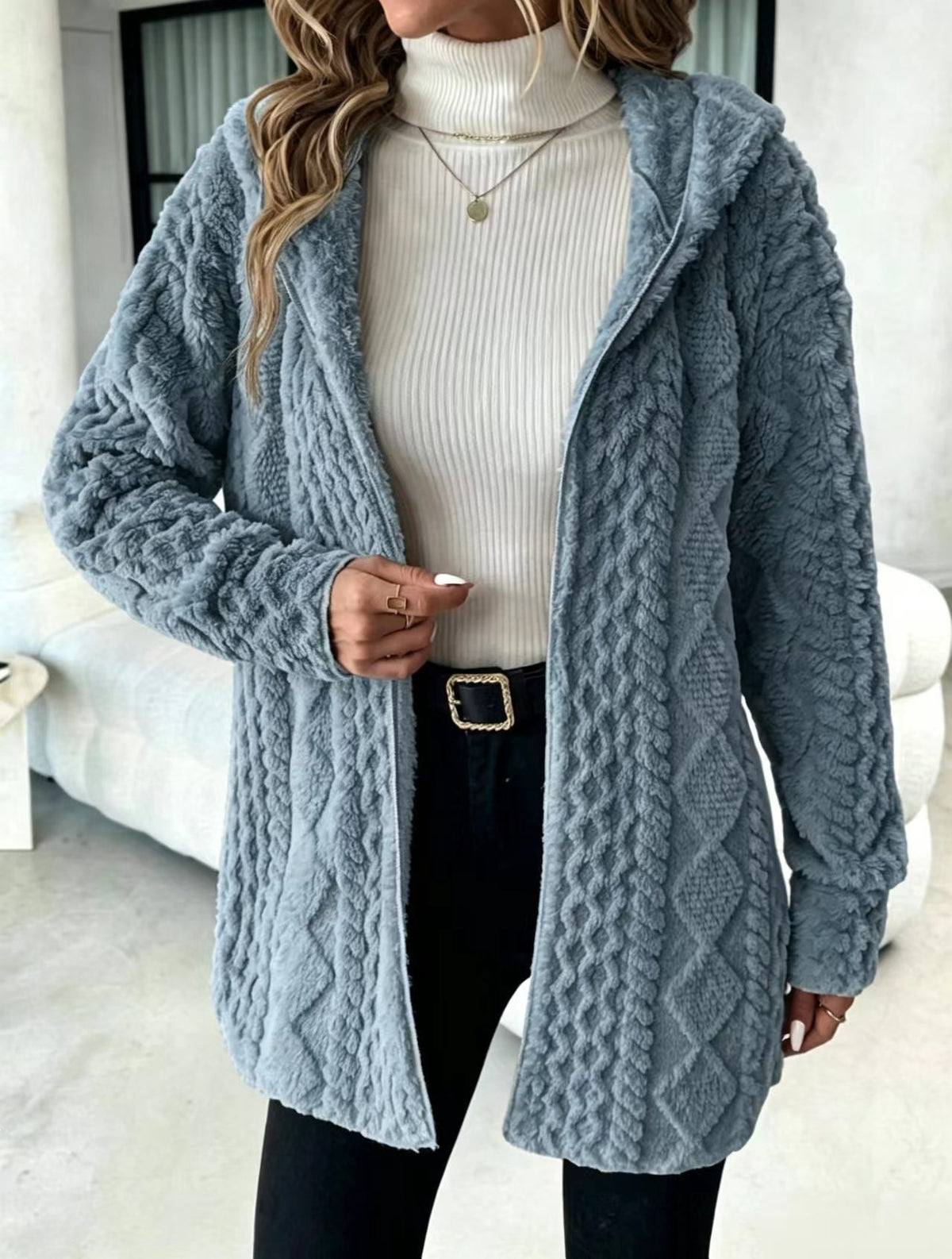 Women's Hooded Cable Texture Fleece Lined Cardigan