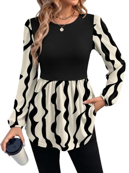 Women Crew Neck Babydoll Peplum Long Sleeve Tunic Blouse