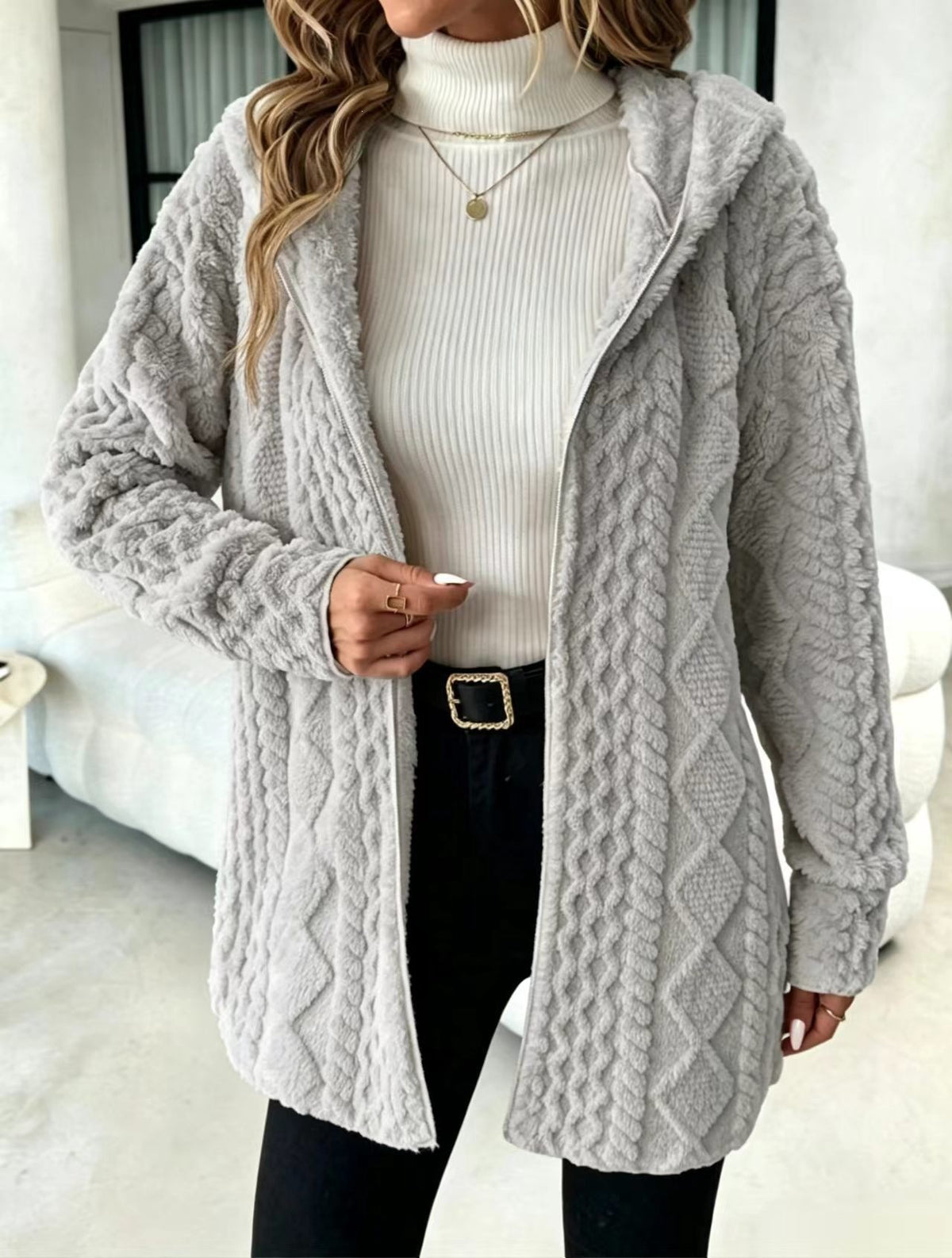 Women's Hooded Cable Texture Fleece Lined Cardigan