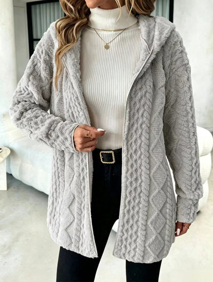 Women's Hooded Cable Texture Fleece Lined Cardigan