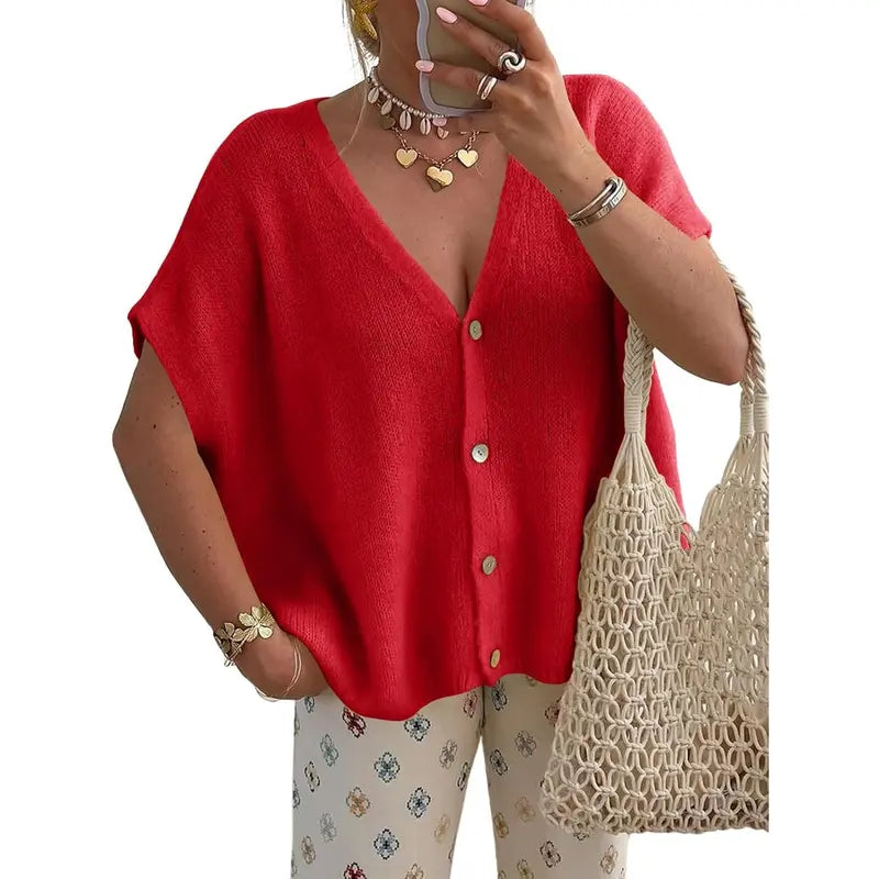 Women's Loose-fitting Knit Cardigan - Batwing Short Sleeves, Lightweight Button-down V-neck