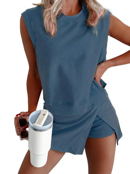 Womens Mineral Wash Comfy Tank Top Lined Split Athletic Skirt Set