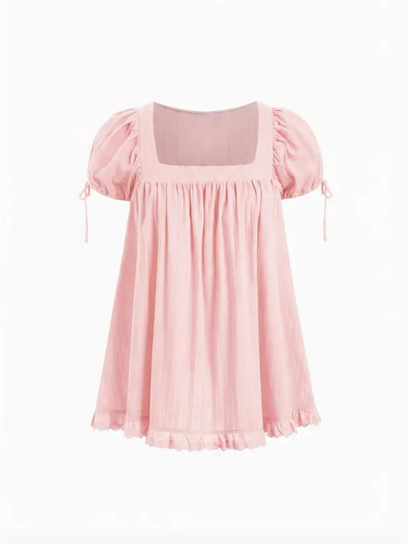 Sweet square neckline, ruffled chest, puff sleeves, adjustable silhouette, casual long shirt