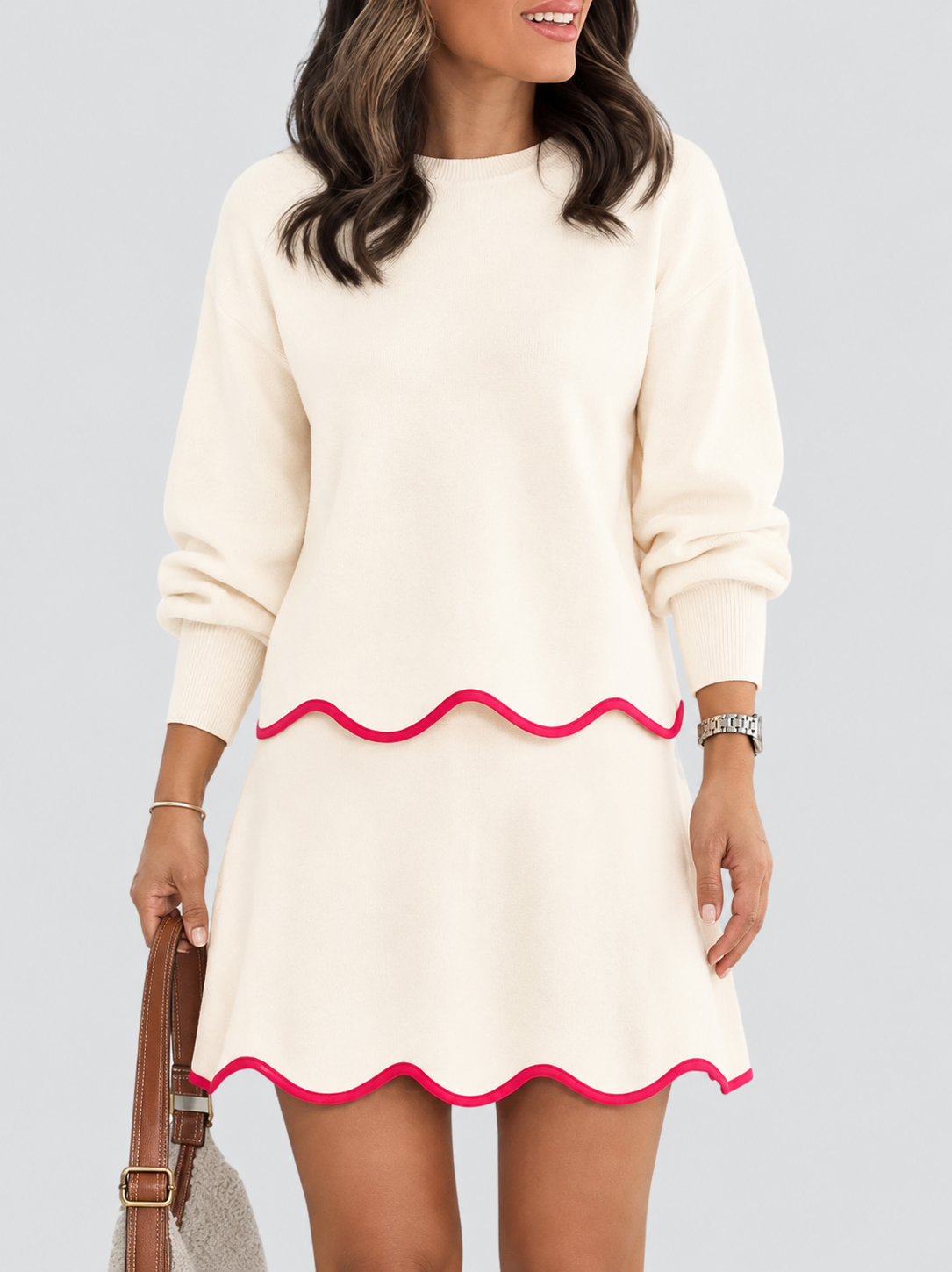 Women Puff Long Sleeve Crewneck Top Scalloped Mini Skirt 2 Piece Knit Set