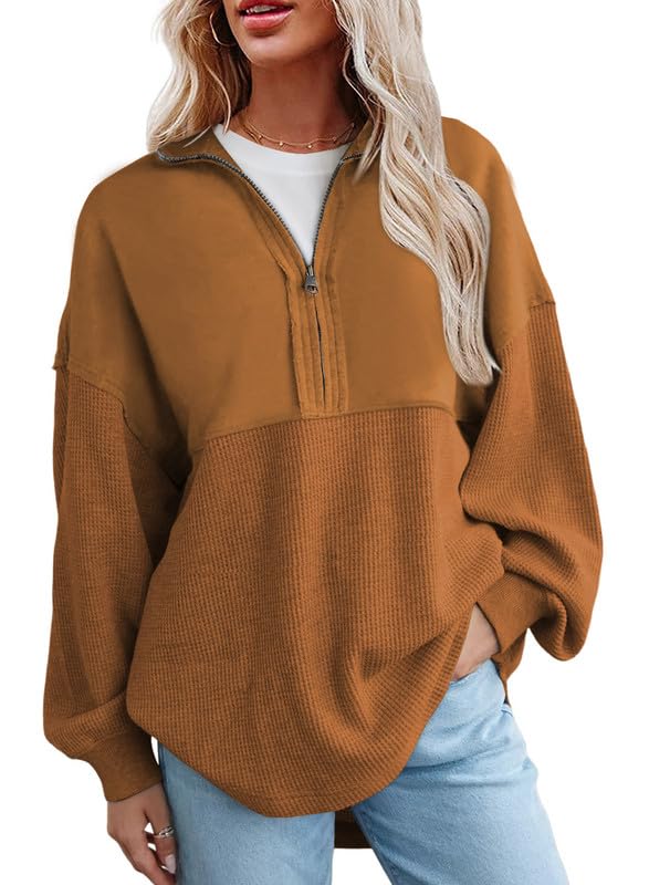 Women's  Waffle Knit Half Zip Pullover Casual Sweatshirt