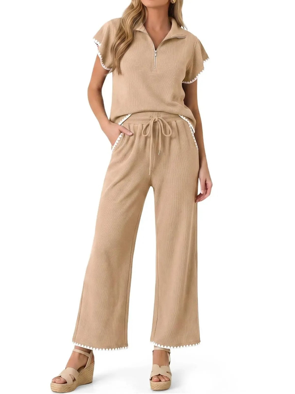 Women Short‑Sleeve Half‑Zip Knit Top With Pockets Scalloped Hem Wide Leg Pant Set