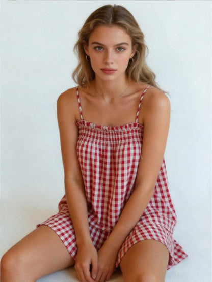Women's Sleeveless Plaid Cami Tank Tops Wide Leg Shorts Sets