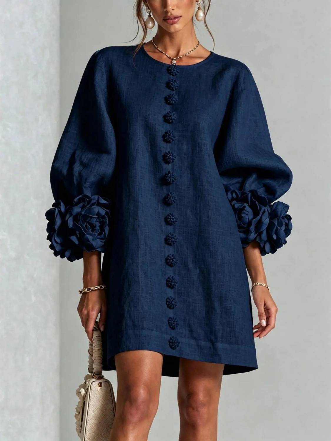 Women's Elegant Floral Cuff Puff Sleeve Linen Mini Dress
