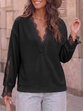 Women Deep V‑Neck Lace Patchwork Loose Long Sleeve Pullover Top