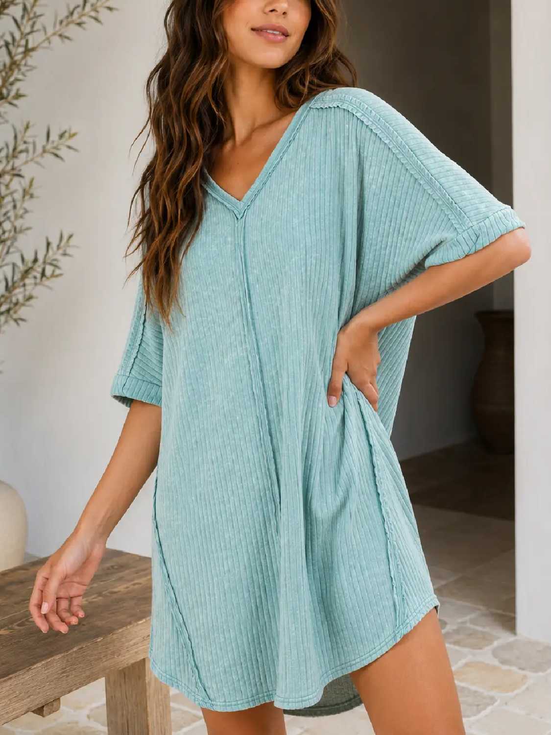Women's Casual Ribbed Acid Washed Dress