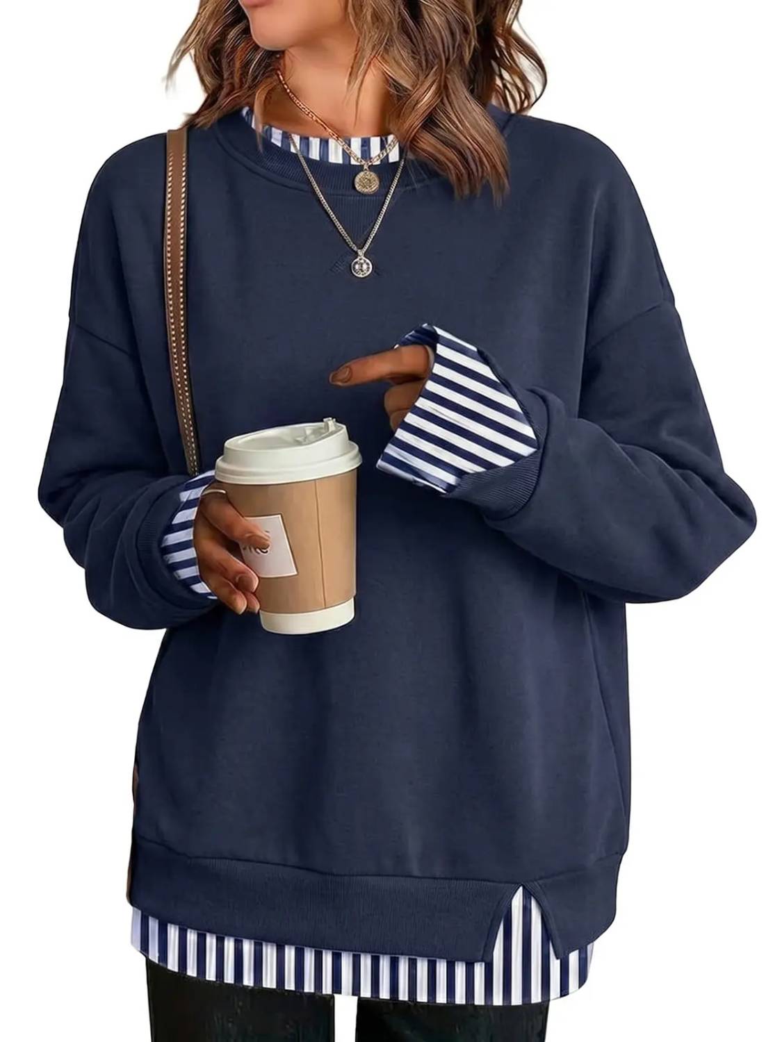 ⏰Hot Sale-Women's Crew Neck Fake Two Piece Layered Sweatshirt