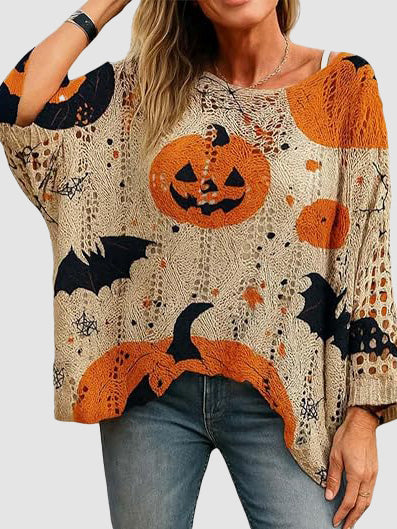 Halloween Crew Neck Pumpkin Loose Fit Long Sleeve Cutout Sweater