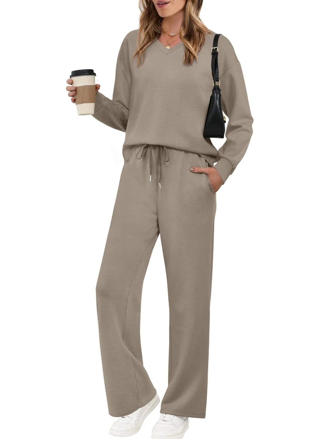 Women V Neck Airport Wide Leg Pants 2 Piece Sets