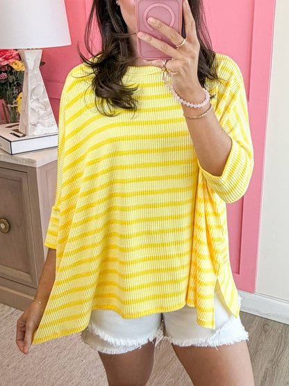Women's Striped Ribbed Oversized 3/4 Sleeve Top