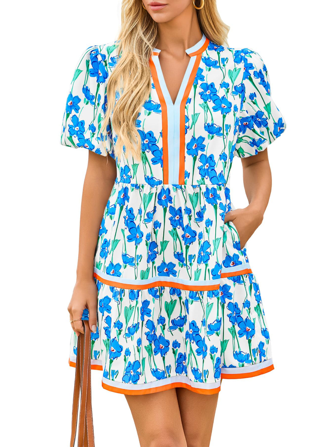 Womens V Neck Short Puff Sleeve Patchwork Floral Mini Dress