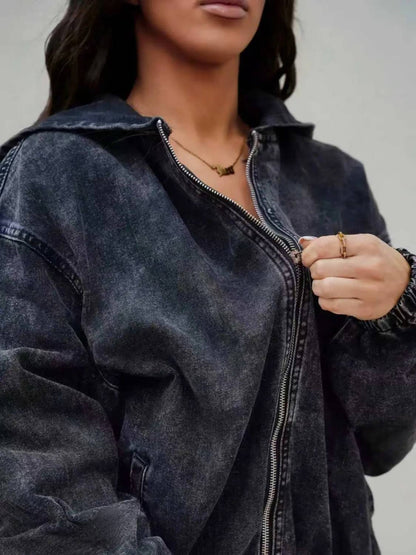 Women's Vintage Washed-Black Hooded Denim Jacket