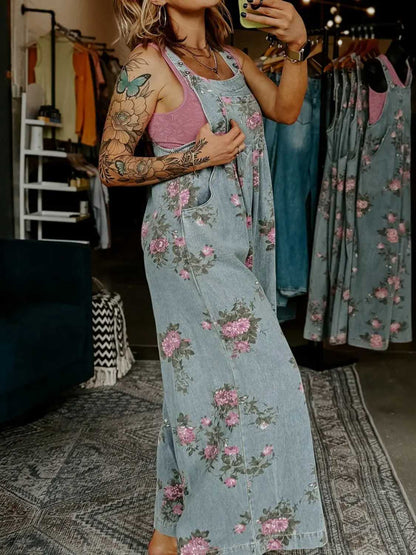 Women's Floral Print Trendy High Waist Wide Leg Denim Jumpsuit
