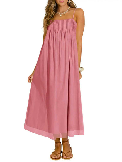 Women's Spaghetti Straps Chiffon Casual Long Dress with Pockets
