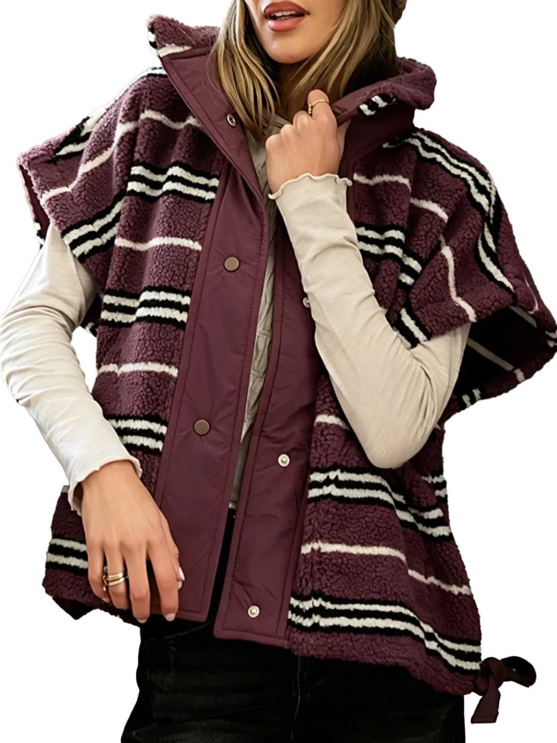 Hot Sale-Women's Stand Collar Striped Sherpa Fleece Vest