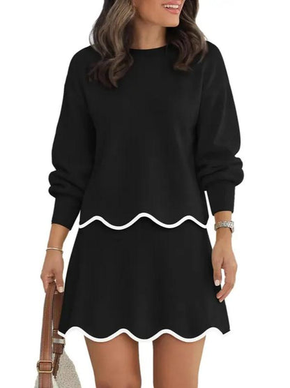 Women Puff Long Sleeve Crewneck Top Scalloped Mini Skirt 2 Piece Knit Set
