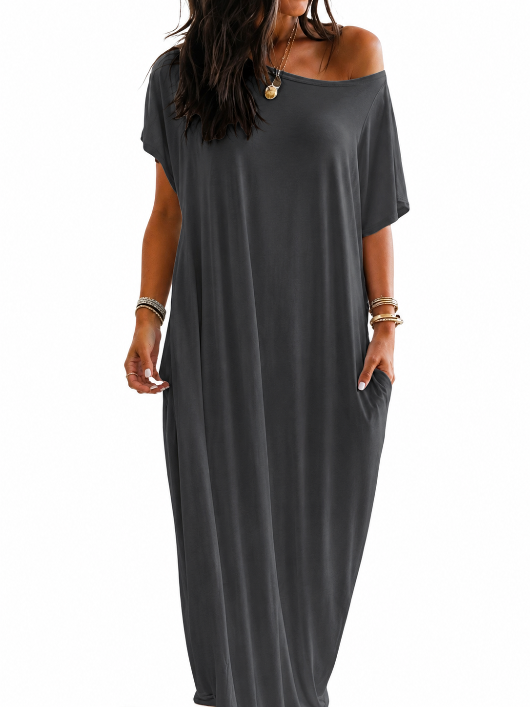Women Batwing Sleeve Pocket Maxi Casual Loose Long Dress All Season Daily Outfit